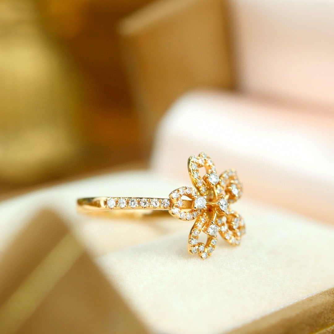 14k Gold 0.48 Ct Natural H Diamond & Flowers Ring - 5