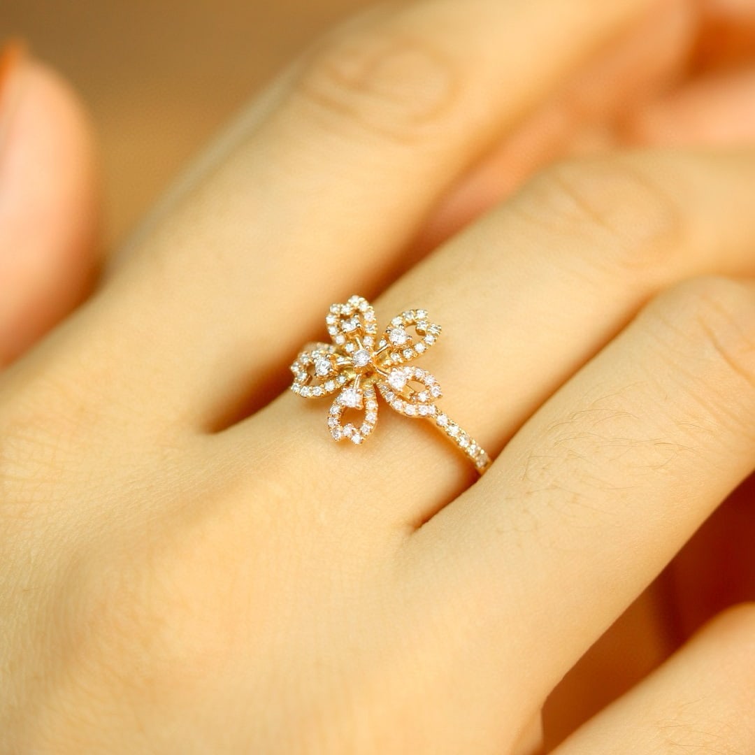 14k Gold 0.48 Ct Natural H Diamond & Flowers Ring - 6