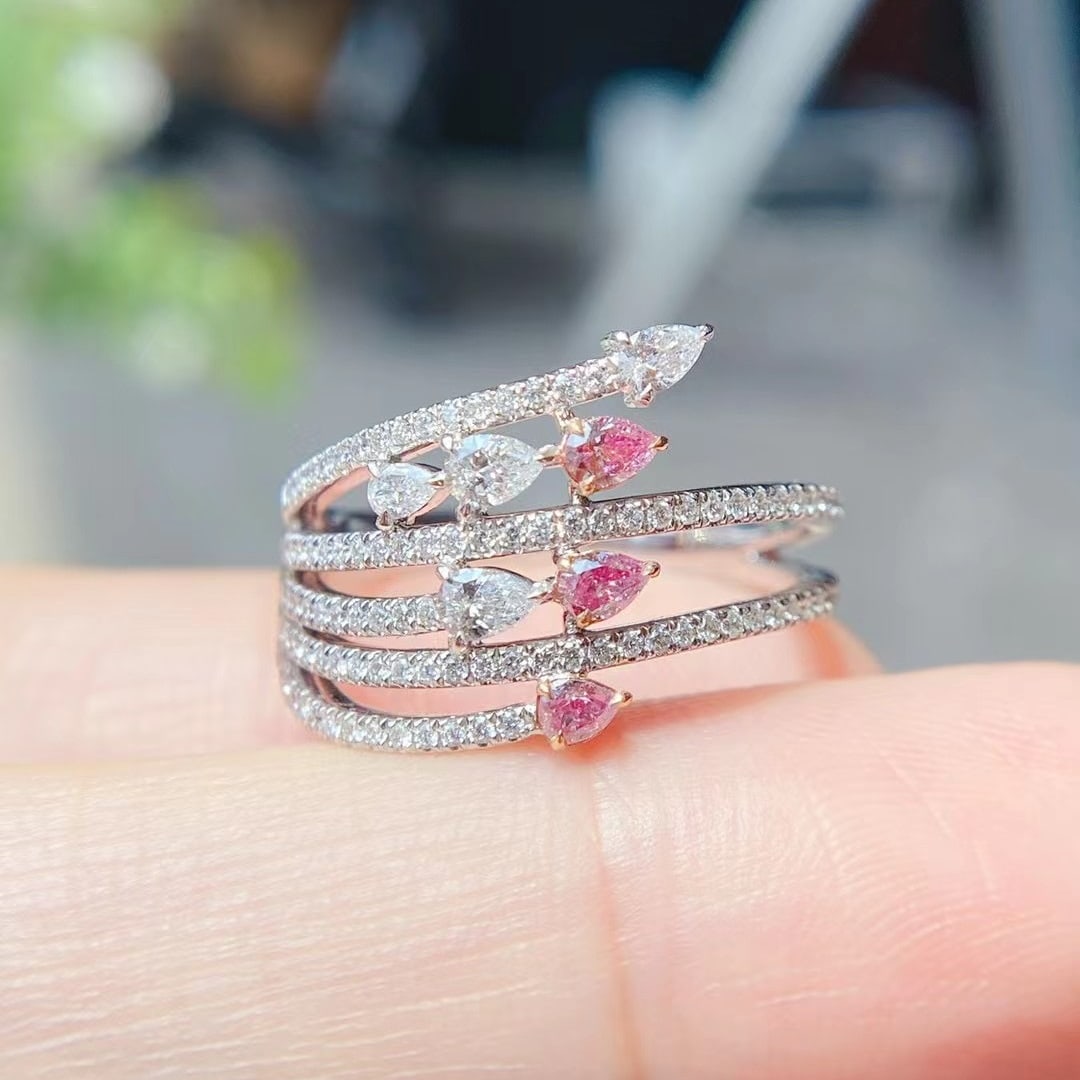 14k Gold 0.63 Ctw Natural Pink Diamond & Diamond Ring: Ref:230976208 // gold content:14k gold // ring size:7. 25us // // main gemstone:pink diamond // shape:pear // carat weight:0. 17ct // color:pink // treatment:natural // // adjacent gemstone 2 :