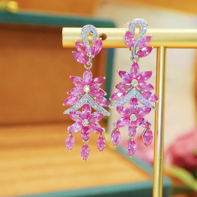 14k Gold 7.83 Ctw Natural Sapphire & Diamond Earrings: Ref:230976223 // gold content:14k gold // main gemstone:sapphire // shape:marquise // carat weight:7. 65ct // color:pink // treatment:natural // // adjacent gemstone 2 : diamond // number of