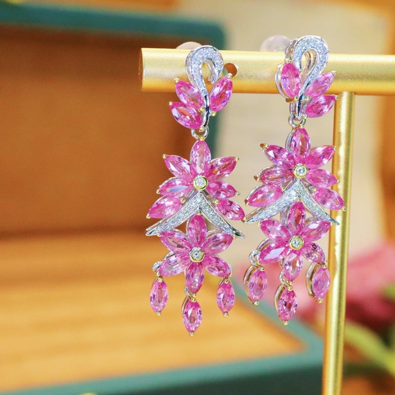 14k Gold 7.83 Ctw Natural Sapphire & Diamond Earrings - 4