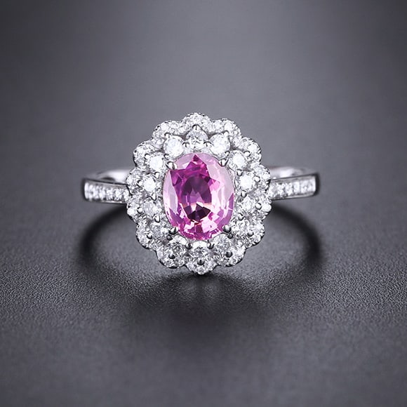 14k Gold 1.44 Ctw Natural Padparadscha Sapphire & Diamond Ring: Ref:230976258 // gold content:14k gold // ring size:7. 25us // // main gemstone:padparadscha sapphire // shape:oval // carat weight:0. 99ct // color:orangish pink // treatment:natural // // adjacent