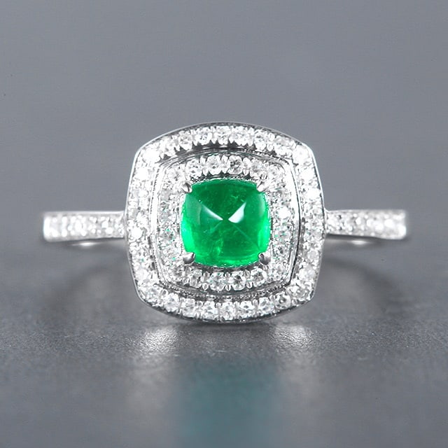 14k Gold 0.75 Ctw Vivid Green Natural Emerald & Diamond Ring: Ref:230976298 // gold content:14k gold // ring size:7. 25us // // main gemstone:emerald // shape:suger-loaf // carat weight:0. 56ct // color:vivid green // treatment:natural // // adjacent gemstone 2
