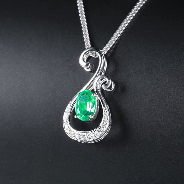 14k Gold 0.44 Ctw Vivid Green Natural Emerald & Diamond Pendant( Without Chain ) - 2