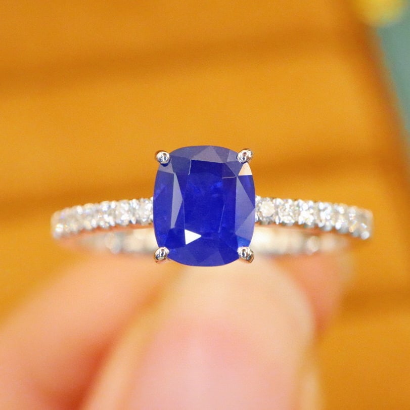 14k Gold 1.24 Ctw Natural Sapphire & Diamond Ring: Ref:230976299 // gold content:14k gold // ring size:7. 25us // // main gemstone:sapphire // shape:cushion // carat weight:1. 10ct // color:royal blue // treatment:natural // // adjacent gemstone 2 :