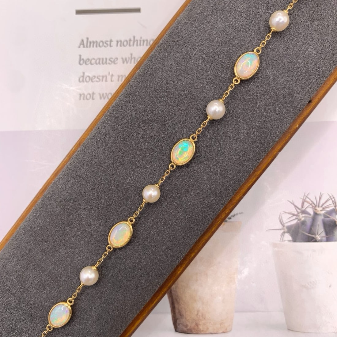 14k Gold 2.48 Ct Natural Opal & Pearl Bracelet - 2