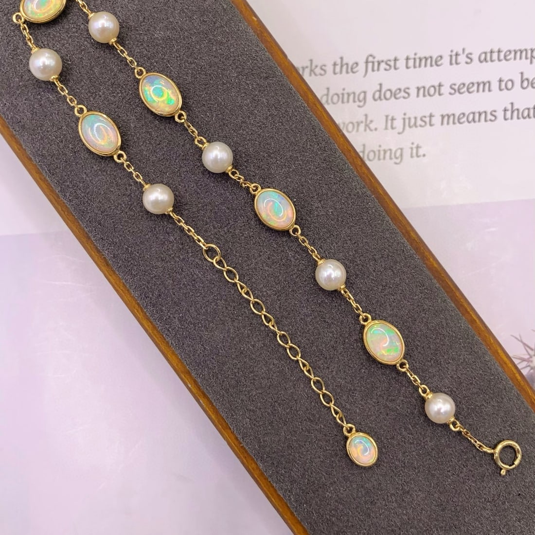 14k Gold 2.48 Ct Natural Opal & Pearl Bracelet - 3