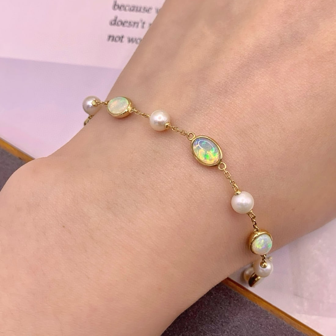 14k Gold 2.48 Ct Natural Opal & Pearl Bracelet - 5