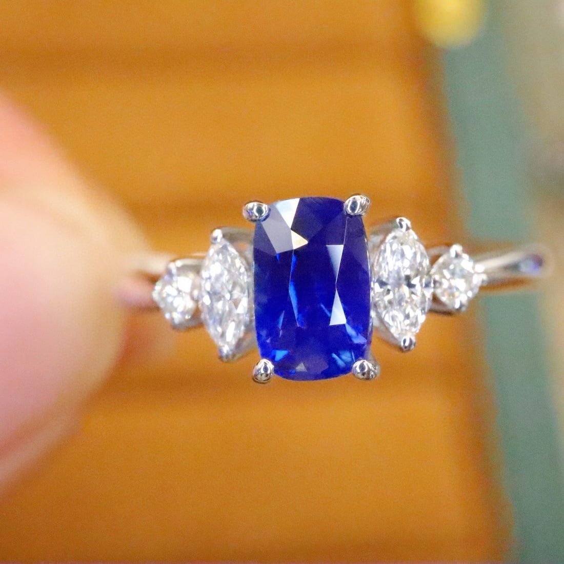 14k Gold 1.22 Ctw Natural Sapphire & Diamond Ring: Ref:230976332 // gold content:14k gold // ring size:7. 25us // // main gemstone:sapphire // shape:cushion // carat weight:1. 03ct // color:royal blue // treatment:natural // // adjacent gemstone 2 :