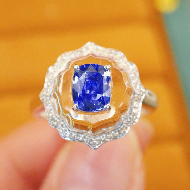 14k Gold 1.23 Ctw Natural Sapphire & Diamond Ring: Ref:230976378 // gold content:14k gold // ring size:7. 25us // // main gemstone:sapphire // shape:cushion // carat weight:1. 10ct // color:cornflower blue // treatment:natural // // adjacent gemstone