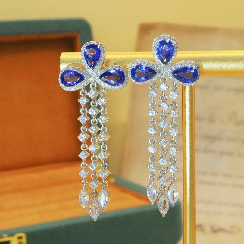 14k Gold 3.36 Ctw Natural Sapphire & Diamond Earrings: Ref:230976377 // gold content:14k gold // main gemstone:sapphire // shape:pear // carat weight:2. 97ct // color:cornflower blue // treatment:natural // // adjacent gemstone 2 : diamond // number of st