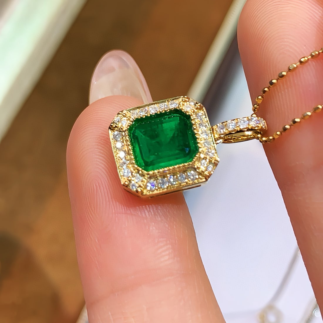 14k Gold 1.02 Ctw Vivid Green Natural Emerald & Diamond Pendant( Without Chain ) - 3