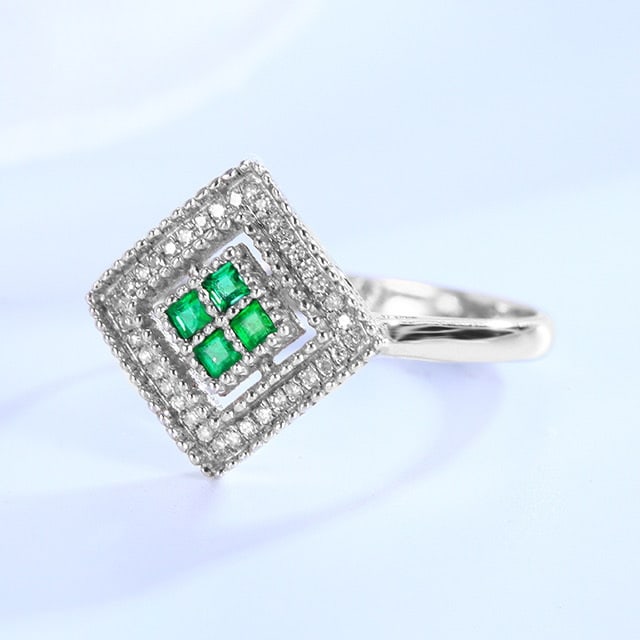 14k Gold 0.46 Ctw Vivid Green Natural Emerald & Diamond Ring: Ref:230976391 // gold content:14k gold // ring size:7. 25us // // main gemstone:emerald // shape:square // carat weight:0. 36ct // color:vivid green // treatment:natural // // adjacent gemstone 2 :