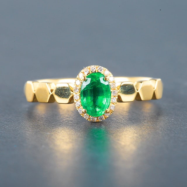 14k Gold 0.55 Ctw Vivid Green Natural Emerald & Diamond Ring: Ref:230976390 // gold content:14k gold // ring size:7. 25us // // main gemstone:emerald // shape:oval // carat weight:0. 5ct // color:vivid green // treatment:natural // // adjacent gemstone 2 : diamo