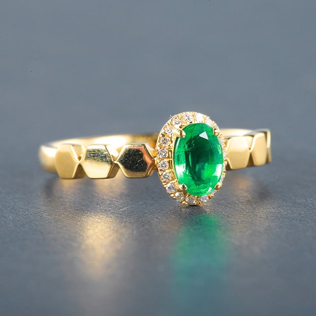 14k Gold 0.55 Ctw Vivid Green Natural Emerald & Diamond Ring - 2