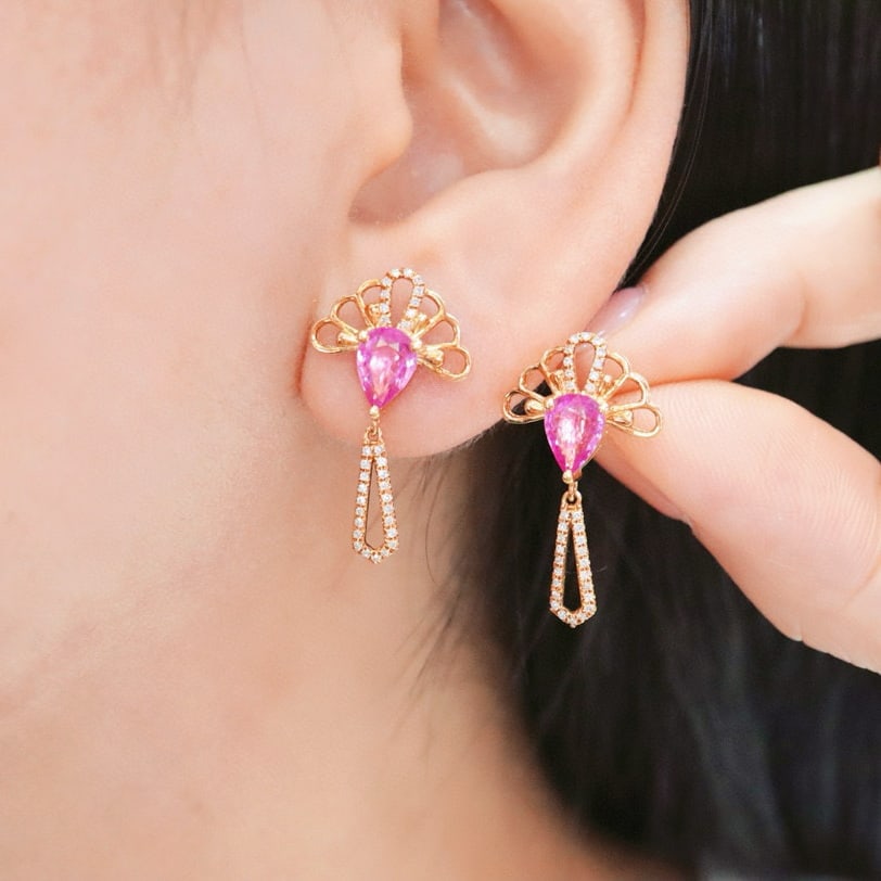 14k Gold 1.97 Ctw Natural Padparadscha Sapphire & Diamond Earrings - 5