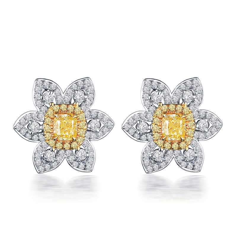 14k Gold 0.34 Ct Natural Yellow Diamond & Diamond Earrings - 2