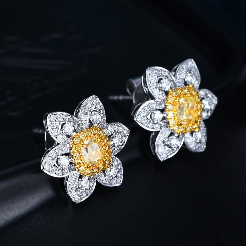 14k Gold 0.34 Ct Natural Yellow Diamond & Diamond Earrings - 3