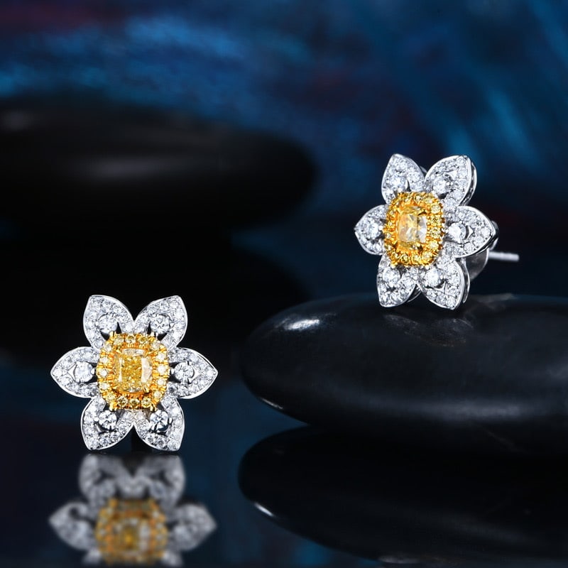 14k Gold 0.34 Ct Natural Yellow Diamond & Diamond Earrings - 4