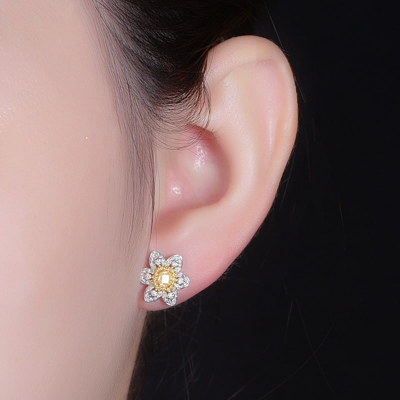14k Gold 0.34 Ct Natural Yellow Diamond & Diamond Earrings - 5