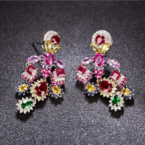 14k Gold 6.4 Ct Natural Ruby & Sapphire & Tsavorite & Diamond Earrings - 2