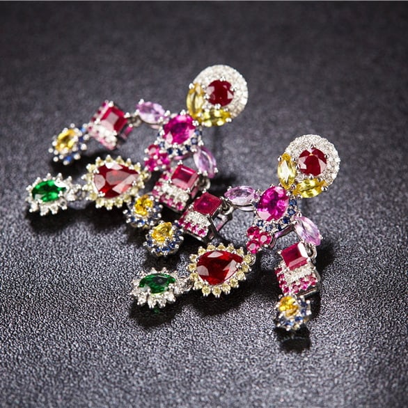 14k Gold 6.4 Ct Natural Ruby & Sapphire & Tsavorite & Diamond Earrings - 3