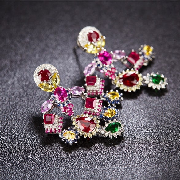 14k Gold 6.4 Ct Natural Ruby & Sapphire & Tsavorite & Diamond Earrings - 4