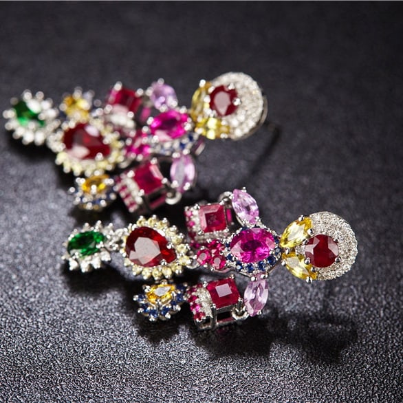 14k Gold 6.4 Ct Natural Ruby & Sapphire & Tsavorite & Diamond Earrings - 5