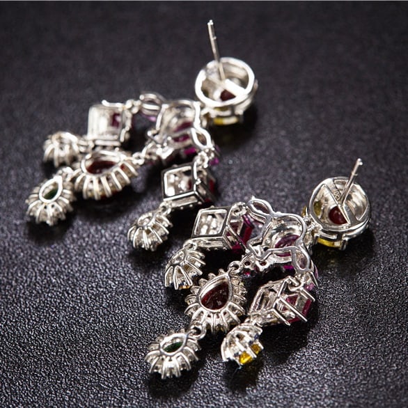 14k Gold 6.4 Ct Natural Ruby & Sapphire & Tsavorite & Diamond Earrings - 6
