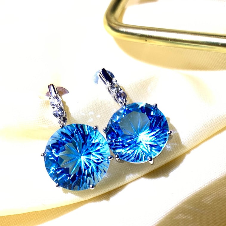 14k Gold 11.5 Ct Natural Topaz & Sapphire Earrings - 2