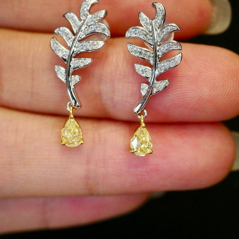 14k Gold 0.63 Ctw Natural Yellow Diamond & Diamond Earrings - 2