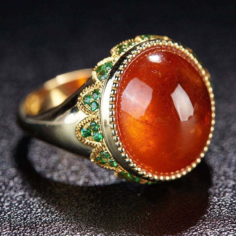 14k Gold 17.35 Ct Natural Spessartine & Tsavorite Ring: Ref:230977036 // gold content:14k gold // ring size:7. 25us // // main gemstone:spessartine // shape:round // carat weight:17. 35ct // color:orange // treatment:natural // cut grade:g // // adjacent