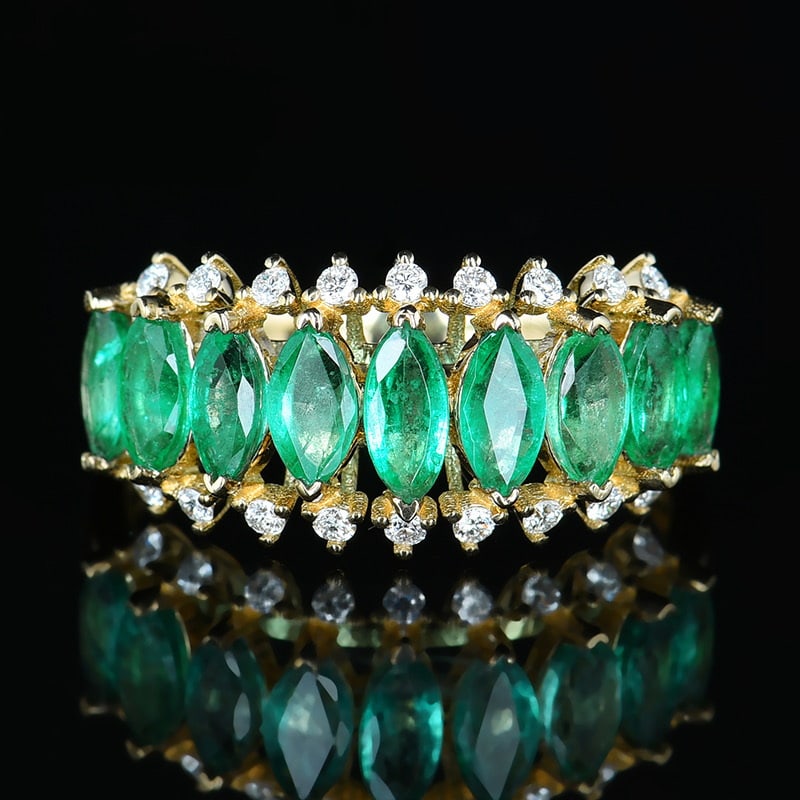 14k Gold 1.69 Ctw Natural Emerald & Diamond Ring: Ref:230977056 // gold content:14k gold // ring size:7. 25us // // main gemstone:emerald // shape:marquise // carat weight:1. 49ct // color:green // treatment:natural // // adjacent gemstone 2 : diamon
