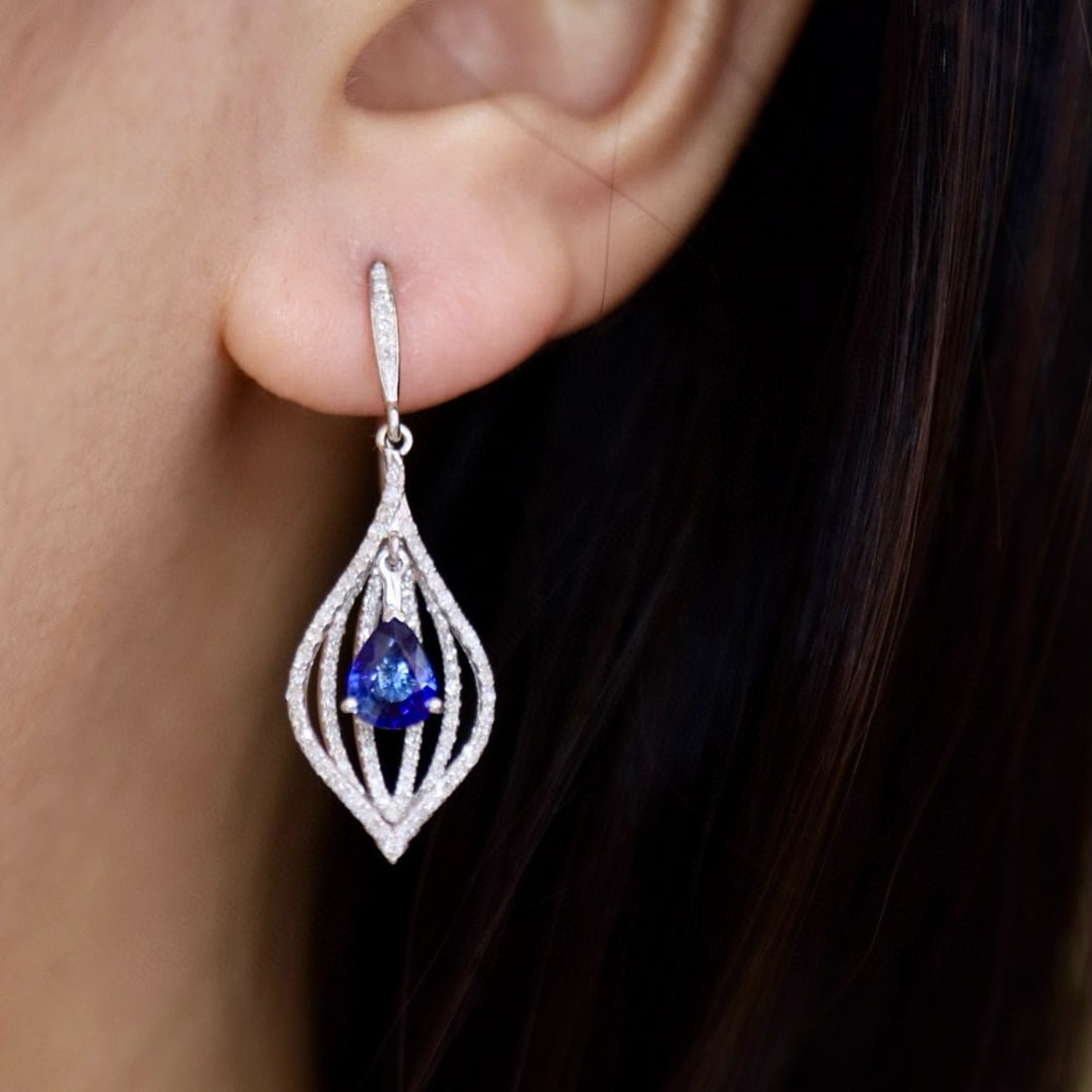 14k Gold 2.10 Ctw Natural Sapphire & Diamond Earrings - 6