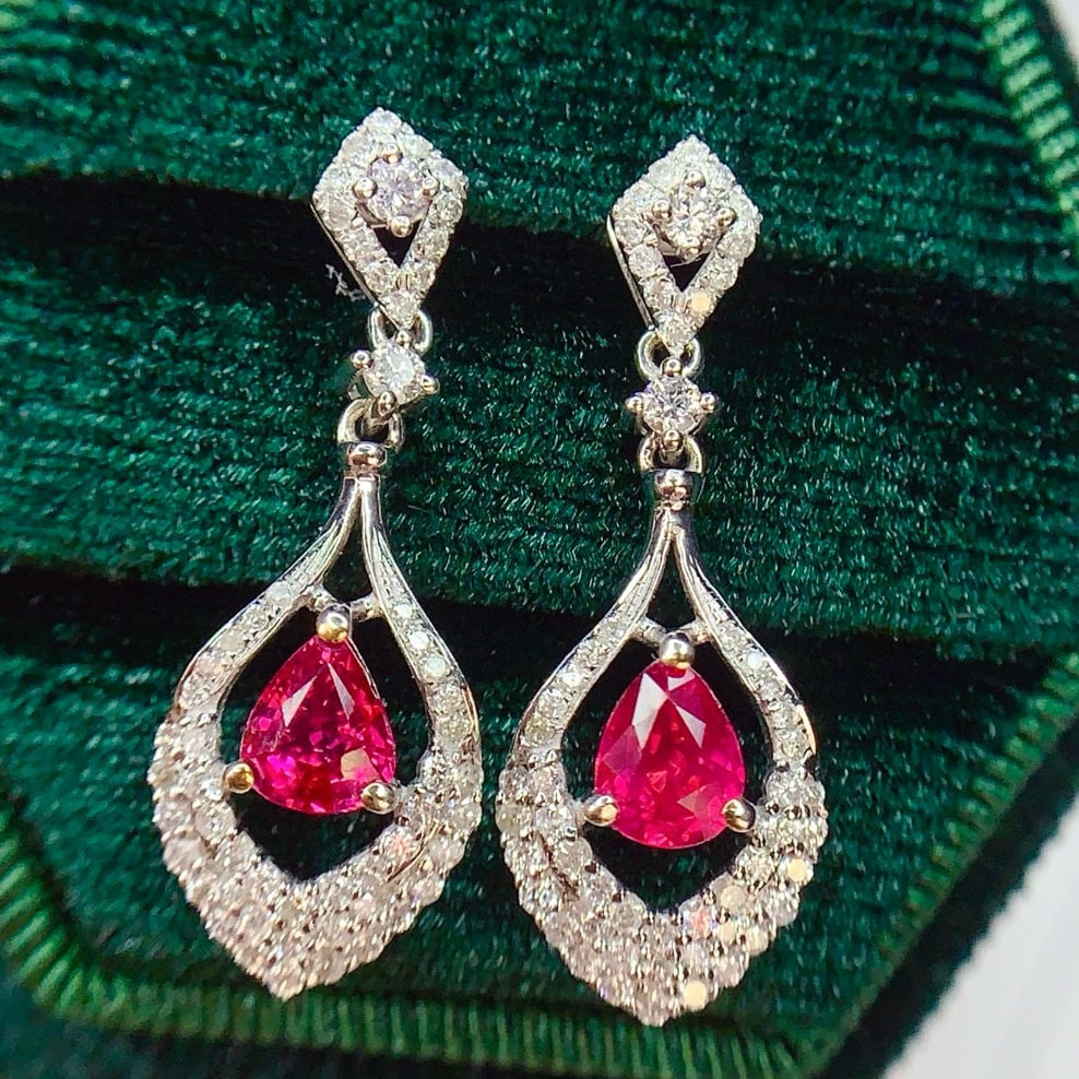 14k Gold 1 Ct Natural Ruby & Diamond Earrings - 2