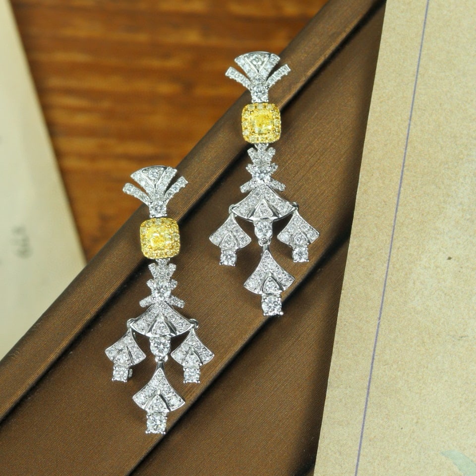 14k Gold 1.71 Ctw Natural Yellow Diamond & Diamond Earrings: Ref:230977197 // gold content:14k gold // main gemstone:yellow diamond // shape:cushion // carat weight:0. 35ct // color:yellow // treatment:natural // // adjacent gemstone 2 : diamond // shape:round