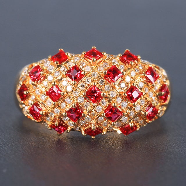 14k Gold 1.27 Ctw Natural Ruby & Diamond Ring: Ref:230978001 // gold content:14k gold // ring size:7. 25us // // main gemstone:ruby // shape:princess // carat weight:0. 65ct // color:red // treatment:natural // // adjacent gemstone 2 : diamond // 