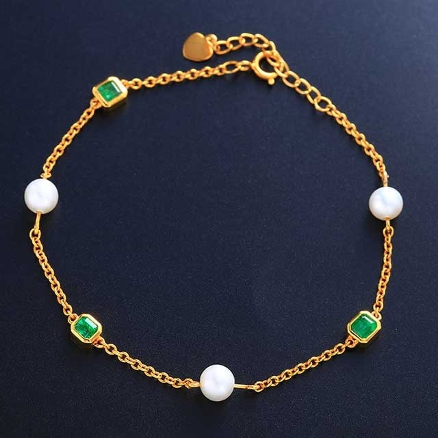 14k Gold 3.47 Ctw Vivid Green Natural Emerald & Pearl Bracelet - 3