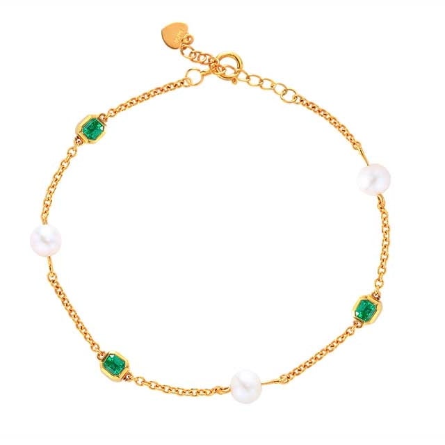 14k Gold 3.47 Ctw Vivid Green Natural Emerald & Pearl Bracelet - 5