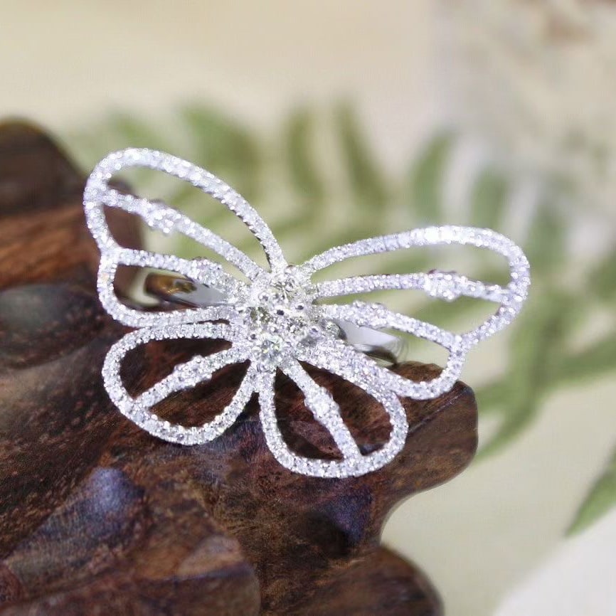 14k Gold 0.85 Ct Natural H Diamond & Butterfly Ring - 4