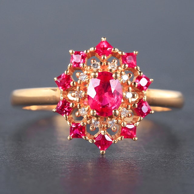 14k Gold 0.72 Ctw Natural Ruby & Diamond Ring: Ref:230978072 // gold content:14k gold // ring size:7. 25us // // main gemstone:ruby // shape:multiply // carat weight:0. 67ct // color:red // treatment:natural // // adjacent gemstone 2 : diamond //