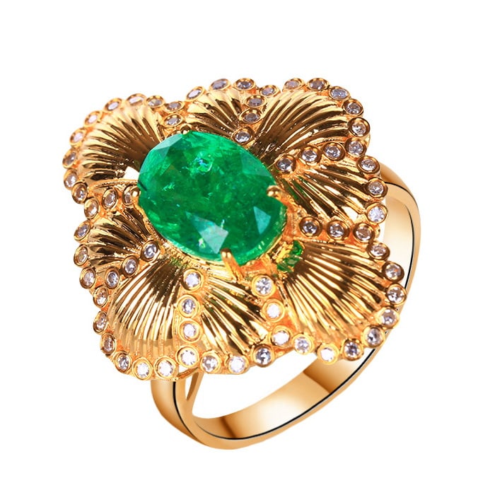 14k Gold 3.18 Ctw Vivid Green Natural Emerald & Diamond Ring - 5