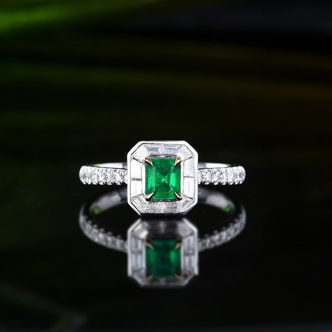 14k Gold 0.79 Ctw Vivid Green Natural Emerald & Diamond Ring: Ref:230978082 // gold content:14k gold // ring size:7. 25us // // main gemstone:emerald // shape:octagonal // carat weight:0. 37ct // color:vivid green // treatment:natural // // adjacent gemstone 2