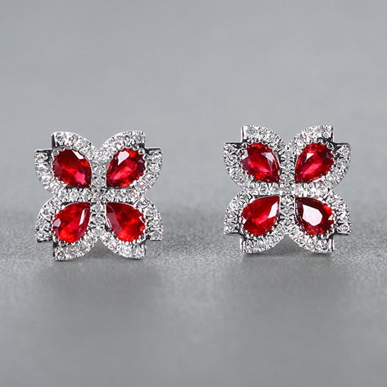 14k Gold 1.62 Ctw Natural Ruby & Diamond Earrings: Ref:230978108 // gold content:14k gold // main gemstone:ruby // shape:pear // carat weight:1. 35ct // color:pigeonblood red // treatment:natural // // adjacent gemstone 2 : diamond // number of