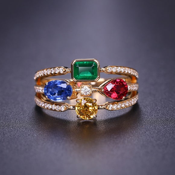 14k Gold 1.85 Ctw Natural Sapphire & Emerald & Spinel & Diamond Ring: Ref:230978066 // gold content:14k gold // ring size:7. 25us // // main gemstone:sapphire // shape:multiply // carat weight:1. 6ct // color:color // treatment:natural // // adjacent gemstone 2 : emeral