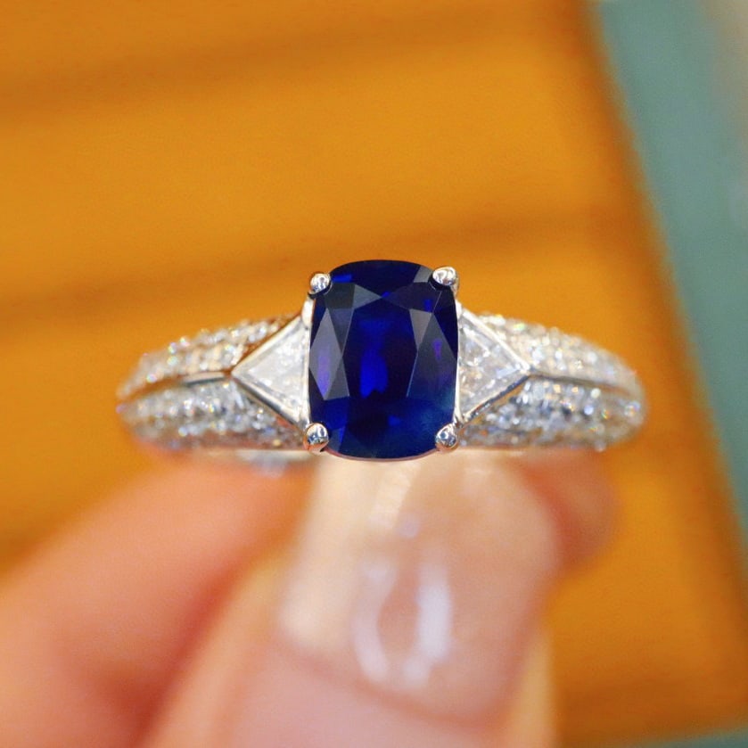 14k Gold 1.73 Ctw Natural Sapphire & Diamond Ring: Ref:230978160 // gold content:14k gold // ring size:7. 25us // // main gemstone:sapphire // shape:cushion // carat weight:1. 35ct // color:royal blue // treatment:natural // // adjacent gemstone 2 :