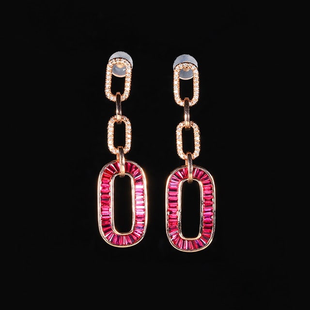 14k Gold 2.68 Ctw Natural Ruby & Diamond Earrings: Ref:230978120 // gold content:14k gold // main gemstone:ruby // shape:baguette // carat weight:2. 42ct // color:red // treatment:natural // // adjacent gemstone 2 : diamond // number of stones:86 //