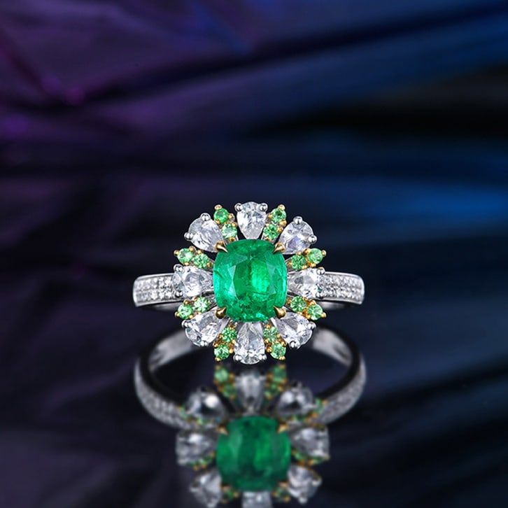 14k Gold 1.29 Ctw Vivid Green Natural Emerald & Diamond Ring: Ref:230978186 // gold content:14k gold // ring size:7. 25us // // main gemstone:emerald // shape:cushion // carat weight:1. 09ct // color:vivid green // treatment:natural // // adjacent gemstone 2 :
