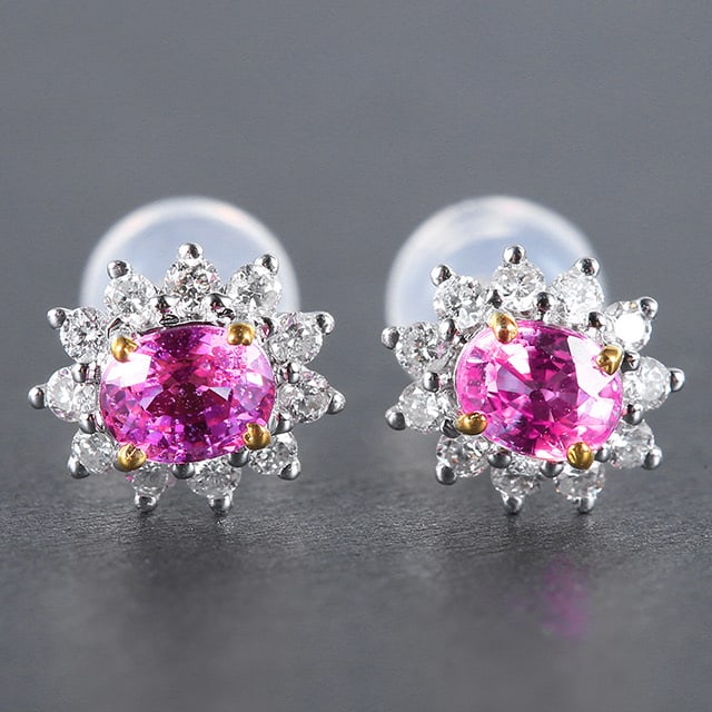 14k Gold 0.90 Ctw Natural Sapphire & Diamond Earrings: Ref:230978188 // gold content:14k gold // main gemstone:sapphire // shape:oval // carat weight:0. 68ct // color:pink // treatment:natural // // adjacent gemstone 2 : diamond // number of stones:22 //