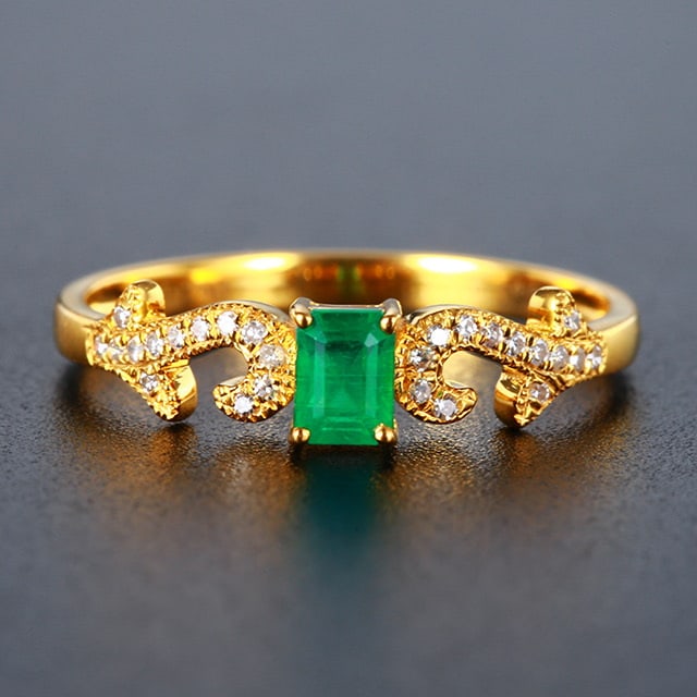 14k Gold 0.45 Ctw Vivid Green Natural Emerald & Diamond Ring: Ref:230978217 // gold content:14k gold // ring size:7. 25us // // main gemstone:emerald // shape:octagonal // carat weight:0. 37ct // color:vivid green // treatment:natural // // adjacent gemstone 2